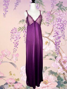 🪻 Vintage 70s 80s Purple Satin Maxi Slip Dress Boudoir Nightgown